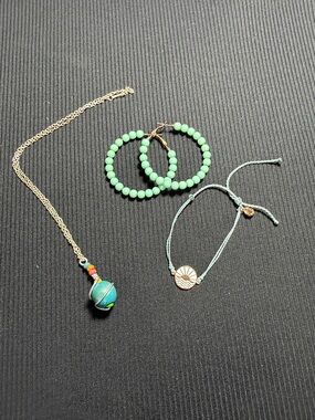 Mint Green Beaded Hoop Earrings and Turquoise Pendant Necklace Set